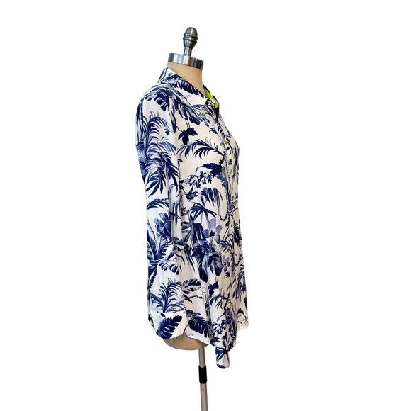 Soft Surroundings Floral Button-Up Tunic Shirt Long Sleeve Blue White Medium - Picture 2 of 5